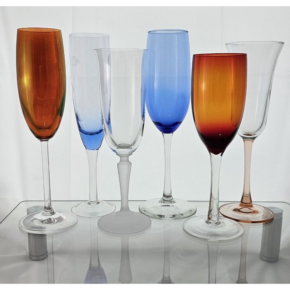 6 Charming Whimsy Mismatched Color Tall Champagne Flutes Set mimosa glasses